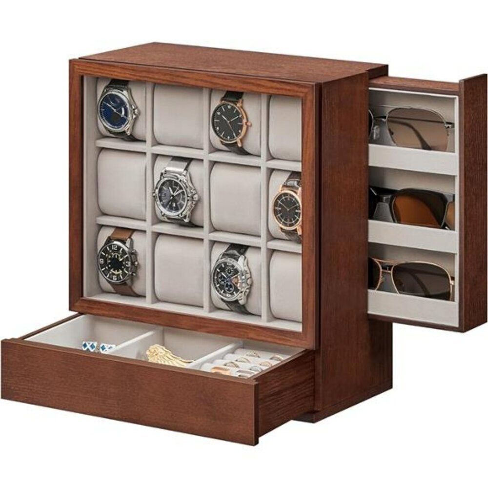 12 Slot Wood Watch Display Box Vertical Organizer with Drawer Velvet Lining